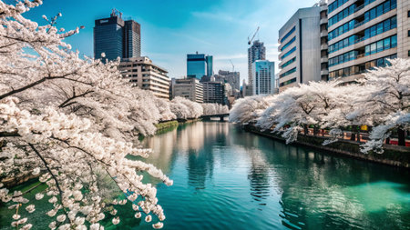A vibrant cityscape with cherry blossoms in bloom, reflecting in a calm canal.の素材
