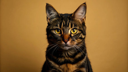 A close-up portrait of a tabby cat with piercing yellow eyes looking directly at the camera.の素材