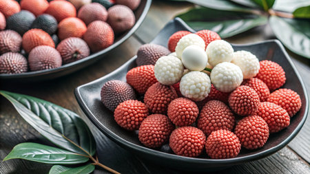 A close-up of a black bowl with a variety of exotic fruits on a wooden table.の素材