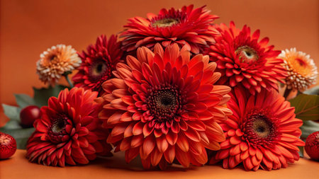 A bouquet of red gerbera daisies with green leaves and red ornaments on a brown background.の素材
