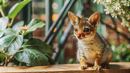 A small, curious kitten with big eyes sits on a wooden surface surrounded by greenery.の素材