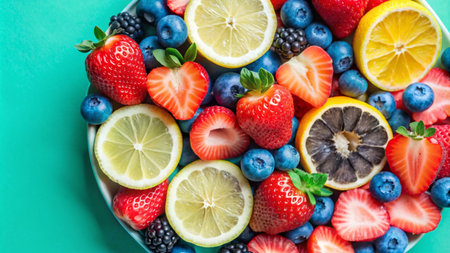A plate filled with fresh, colorful fruits, including strawberries, blueberries, blackberries, and lemons, arranged in a visually appealing pattern.の素材