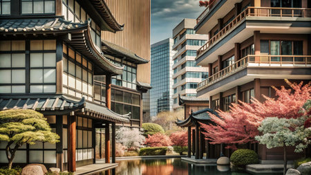 A serene Japanese garden with traditional buildings, blooming trees, and a koi pond, contrasting with a modern skyscraper in the background.の素材