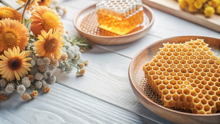 Honeycomb on wooden plate with dried flowers on white wooden background.の素材