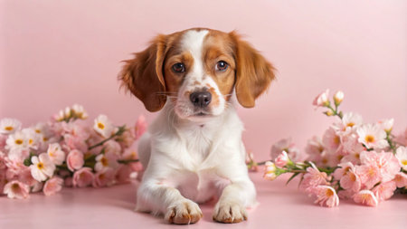 A cute brown and white puppy with big brown eyes is lying down in front of a pink background with pink flowers on either side.の素材