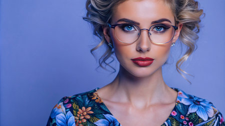 Portrait of a beautiful young woman with blue eyes wearing glasses and looking at the camera.の素材
