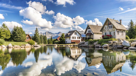 A quaint village nestled amongst a serene lake and majestic mountains, reflecting the beautiful sky and clouds.の素材