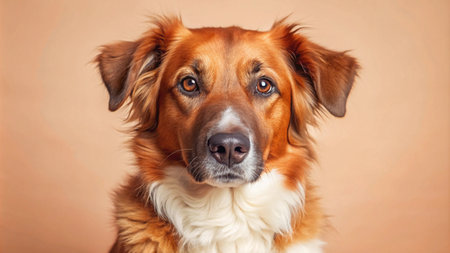 A close-up portrait of a brown and white dog with a serious expression, looking directly at the camera against a peach background.の素材