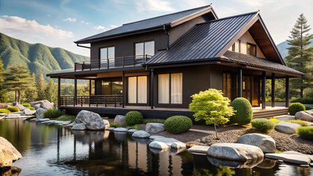 Modern house with a pond in the front yard, surrounded by mountains and trees.の素材