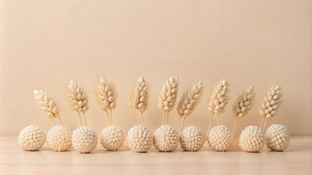 Minimalist arrangement of white wheat stalks and round ornaments on a beige background.の素材