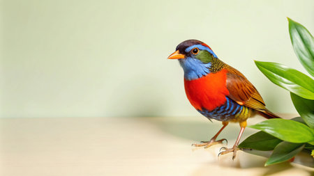 Colorful bird with green leaves on a light background.の素材