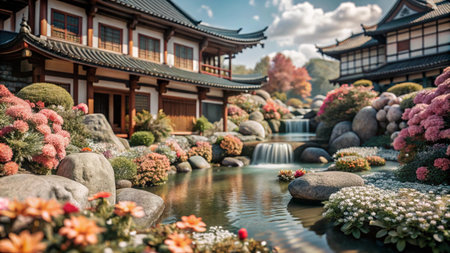 Tranquil Japanese Garden with a cascading waterfall and vibrant flowers.の素材