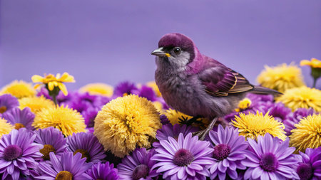 Purple bird perched on yellow and purple flowers against a purple background.の素材