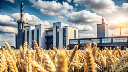 A field of golden wheat stands in front of a modern industrial complex.の素材