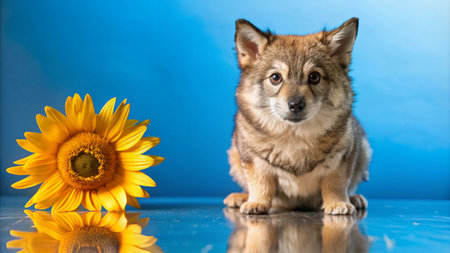 A cute brown and grey puppy sits in front of a large yellow sunflower against a blue background.の素材