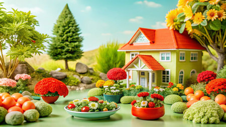 Miniature house surrounded by colorful flowers and green plants on a blue sky background.の素材