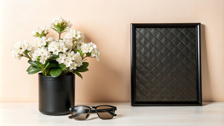 White flowers in a black pot next to a black frame and sunglasses on a white table against a peach wall.の素材