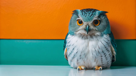 A close-up of an owl with piercing yellow eyes, perched on a table against a backdrop of orange and teal.の素材