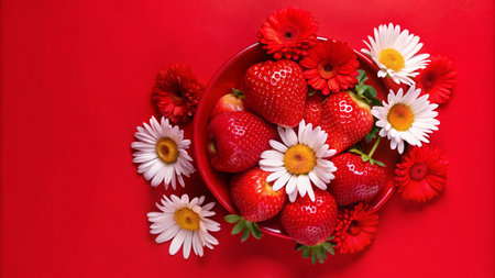 Red strawberries and daisies in a red bowl on a red background.の素材