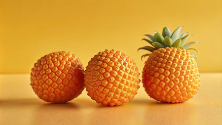 Three ripe pineapples in a row on a yellow background.の素材