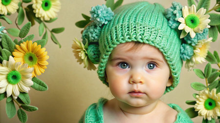 Cute baby girl with blue eyes wearing a green knitted hat decorated with flowers.の素材