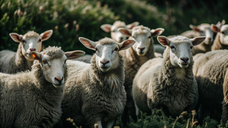 A group of sheep stand in a field, looking at the camera.の素材