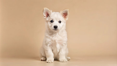 White puppy sitting on a beige background, looking up.の素材