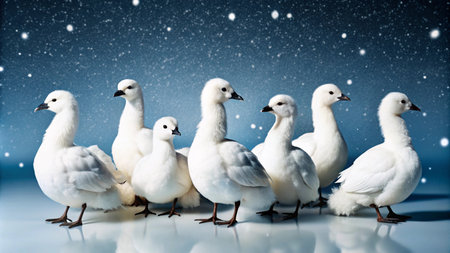 A group of seven white geese stand on a reflective surface with a snowy background.の素材