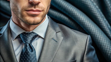 Close-up of a businessman wearing a suit and tie, standing in front of a large roll of black cable.の素材
