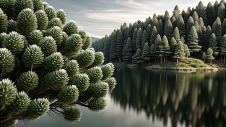 A serene lake nestled amidst a lush forest, with the reflection of the trees adding to the tranquility.の素材