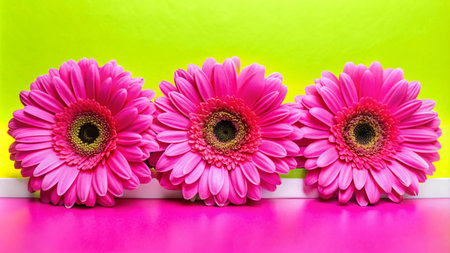 Three pink gerbera daisies on a white surface with a vibrant green and pink background.の素材