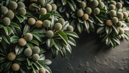 Lush green foliage with round fruit clusters on a dark background.の素材