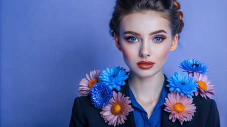 Beautiful woman with flowers in her hair and on her jacket against a blue background.の素材