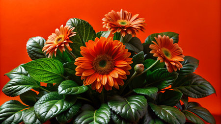 Orange Gerbera Daisies in Full Bloom with Lush Green Leaves Against an Orange Background.の素材