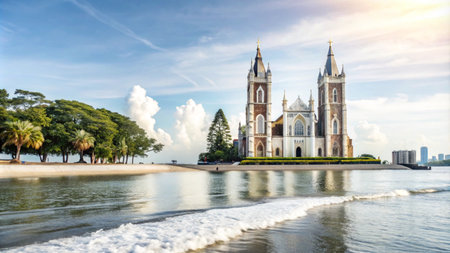 A majestic church with twin spires stands on a small island, surrounded by water and a sandy beach, under a bright blue sky.の素材