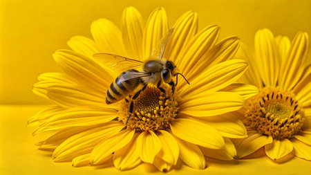 A honeybee gathers nectar from a bright yellow daisy flower against a yellow background.の素材