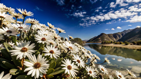 White daisies bloom near a calm lake with mountains in the background under a bright blue sky.の素材