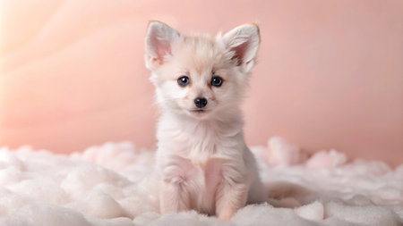 A small, white fox pup sits on a white fluffy surface, looking directly at the camera. Its eyes are bright blue and its nose is black. The background is a soft pink.の素材