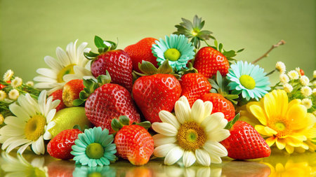 A vibrant arrangement of fresh strawberries and daisies on a green background.の素材