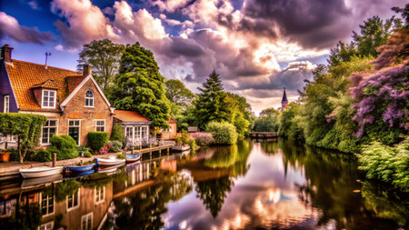 A charming village with a canal, houses, boats and a bridge under a cloudy sky.の素材