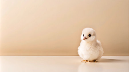 A small, fluffy white chick sits on a white surface, looking off to the side with a curious expression.の素材