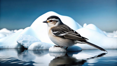 A small bird perches on a piece of ice floating in a body of water. The ice is surrounded by other icebergs, and the sky is a clear blue.の素材