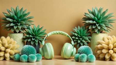 Green headphones on a wooden table with green plants and decorative balls in the background.の素材