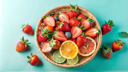 Fresh red strawberries, orange, lime, and grapefruit slices in a wicker basket on a turquoise background.の素材
