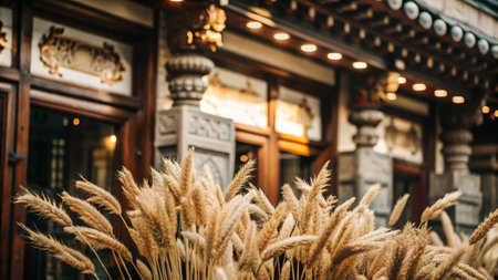 A close-up of dried pampas grass in front of a traditional Asian building.の素材