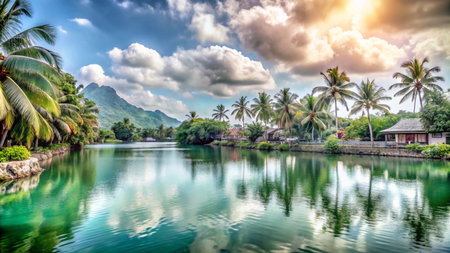 Tranquil lagoon with palm trees, mountains and a golden sunset.の素材