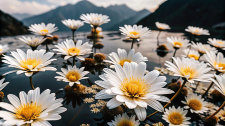 White flowers bloom in a mountain lake.の素材