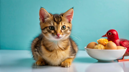 A cute tabby kitten with green eyes sits on a white surface against a blue background, looking curiously towards a bowl of eggs and a red bird figurine.の素材