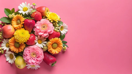 Colorful flowers, apples, and strawberries on pink background with copy space.の素材