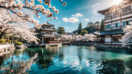 Traditional Japanese architecture with cherry blossoms reflected in a pond under a bright blue sky.の素材